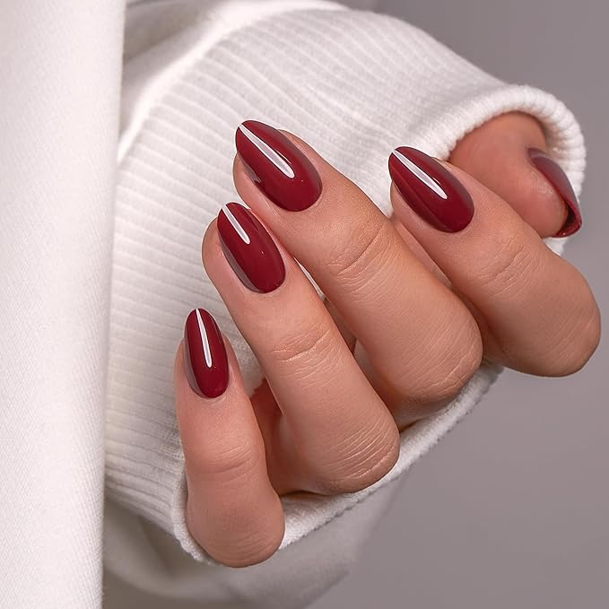 CurvLife Press On Nails – 30Pcs Soft Gel Almond Fake Nails, Reusable Glue On Nail Kit with Adhesive Tabs, Natural Fit & Salon-Quality for Women & Girls (Deep Rouge)