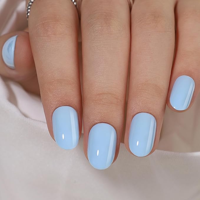 Press On Nails - Cloud Nine | Opaque Soft Pale Sky Blue Short Oval Fake Nails, Salon Quality | 32 Nails, 16 Sizes Kit with Glue and Adhesive Tabs I Female Founded