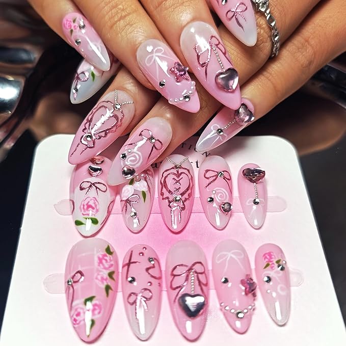 Handmade Acrylic Press On Nails Almond, Pink Press On Nails Medium, Ombre Nails Heart Rhinestone Flower For Women Gift, Reusable Stick On Fake Nails Kit With Nail Glue (Pink Romance-S)