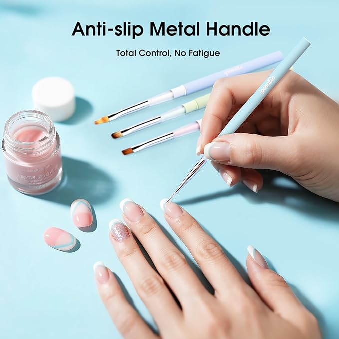 Nail Art Brushes Set, 6 Pcs Nail Brushes for Nail Art Design, Nail Art Brushes with Cap, Nail Art Tools for Gel Polish, Metal Handle with Non-Slip Coating, Macaron Color, DIY Salon Use