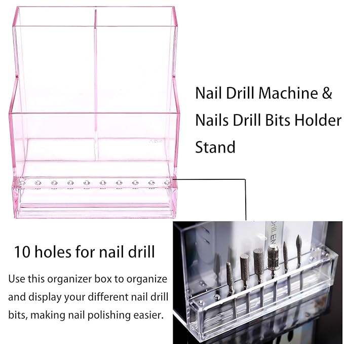 Nail Drill Machine & Bits Holder Storage Case,Transparent 10 Holes Nail Drill Grinding Bit Organizer Nails Manicure Tools Display Box for Nail Salon(Pink)