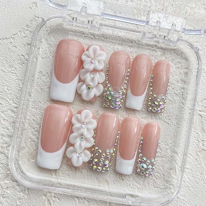 10Pcs Press On Nails Handmade Nails Long Square Fake Nails 3D Flower With Rhinestone Design French Tip False Nails Full Cover Acrylic Reusable Stick On Nail For Women(SIZE:M)