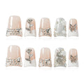 Handmade Press on Nails Short Duck White French Tip Thick Acrylic Fake Nails 3D Floral Metallic Rose Butterflies Luxury Rhinestone Design (Silver Ash Butterfly Sheen,S)