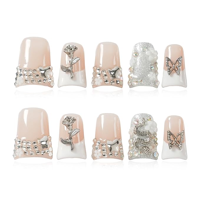 Handmade Press on Nails Short Duck White French Tip Thick Acrylic Fake Nails 3D Floral Metallic Rose Butterflies Luxury Rhinestone Design (Silver Ash Butterfly Sheen,L)
