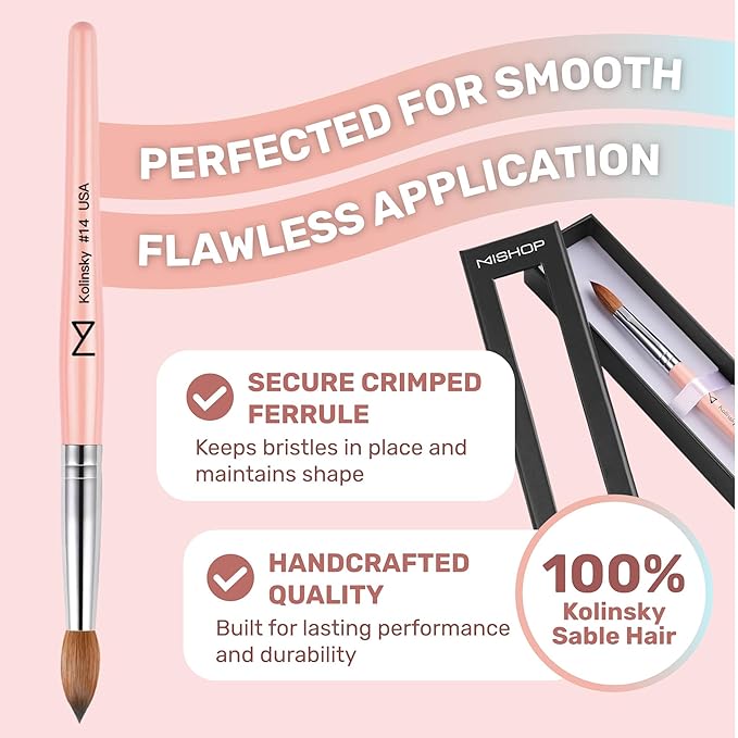 M – Majesti Pink 100% Kolinsky Acrylic Nail Brush | Professional Acrylic Sculpting & Application Brush | Handcrafted Premium Nail Art Tool for Nail Technicians (#14)