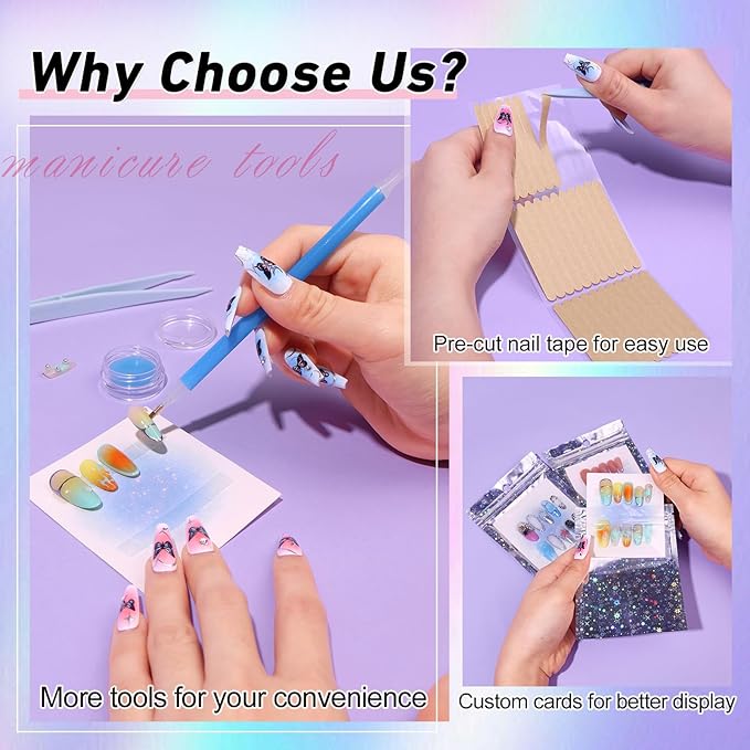 100PCS Press on Nail Packaging Bag, 100PCS Display Card with 231 Pcs Pre-cut Adhesive Tape & Diamond Art Pens & Glue Clay & Tweezers, 6-in-1 Set for Nail Display (Laser star)