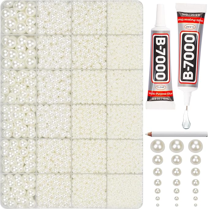 10000Pcs Ivory Flatback Pearls with Glue Kit for Bedazzling Crafts Crafting Shoes Nail Art Decoration, Mixed Sizes 2mm 3mm 4mm 5mm 6mm 8mm 10mm Beige Half Round Flat Back Pearls Beads Set