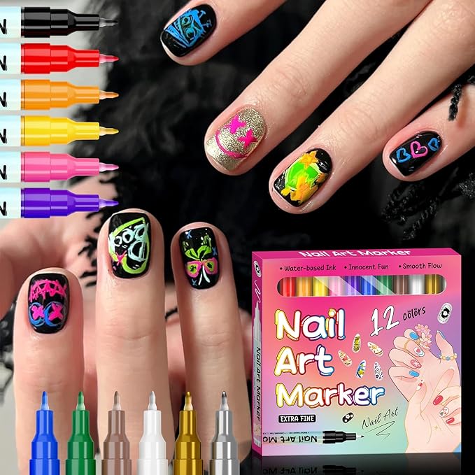 12 Colors Nail Art Pens Set, 2026 Newly Upgraded Nail Art Markers, 0.5MM Nail Polish Pens, Waterproof Quick-Drying Nail Art Marker Pens for Home & Salon Nail DIY Graffiti Dotting Drawing Painting