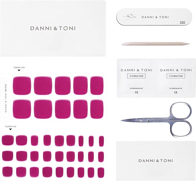 DANNI & TONI Semi Cured Gel Toenail Strips Hot Pink (Cosmic Bloom) Magenta Mirror Toe Nails Stickers Gel Pedi Wraps 37 Stickers
