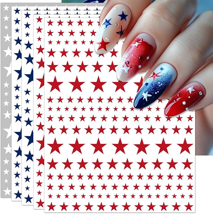 4th of July Nail Stickers, Red Blue White Star for Independence Day Patriotic Nail Decals, 3D Design Self-Adhesive USA Flag Star Nail Art (6 Sheets)