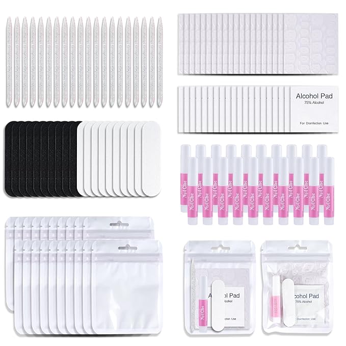 Press On Nail Tool Kit with Everything, Bebbtiy Nail Prep Tool Disposable Manicure Kit with Nail File, Nail Glue, Prep Pads, Adhesive Nail Tabs,Wood Stick, Packaging Bag (20pcs-white)