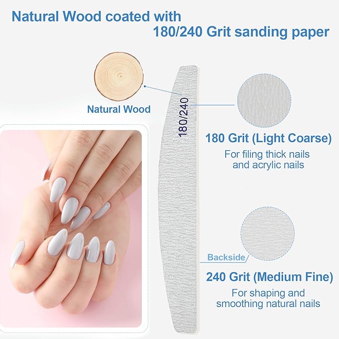Nail Files (12 Pack), 180/240 Grit Wooden Emery Board Nail File Double Sided Wood Emory Fingernail Files for Natural Nails Professional Reusable Manicure Pedicure Curved