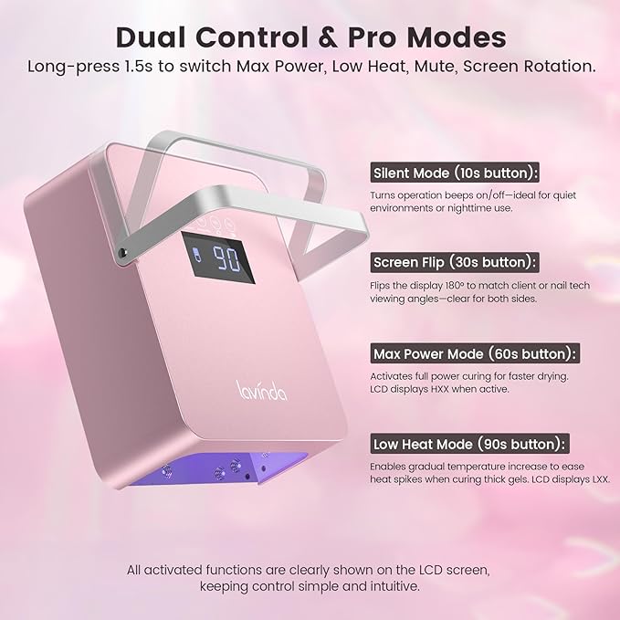 Lavinda 60W Large Professional Nail Lamp with Portable Handle, UV/LED Nail Dryer with Features Dual-Temp Control & LCD Timer,Rechargeable 5200mAh for Cordless Salon.