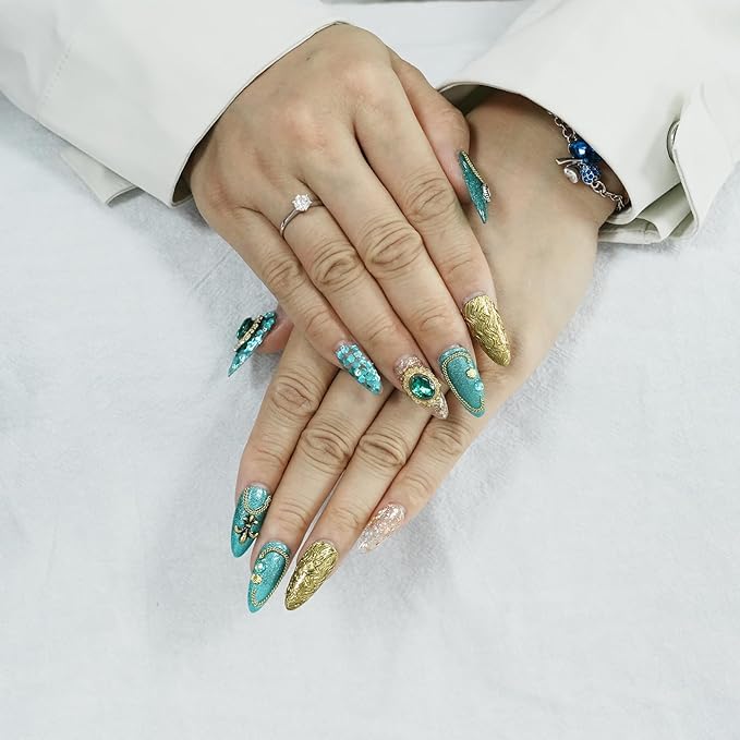 Luxury Vintage Press on Nails Medium Almond, Handmade 3D Gemstone & Glitter Design Green Gold Acrylic Nails, Reusable False Nails (Exotic Flair,L)