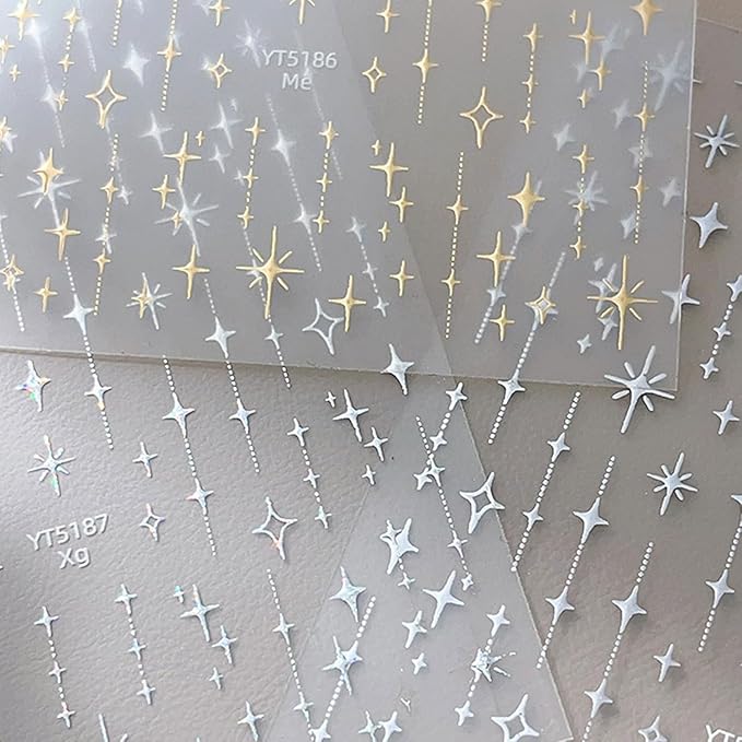 3 Sheets Star Nail Art Stickers 3D Self Adhesive White Silver Gold Nail Stickers Star Nail Decals with Design Glitter Nails Supplies for Women Girls DIY Manicure
