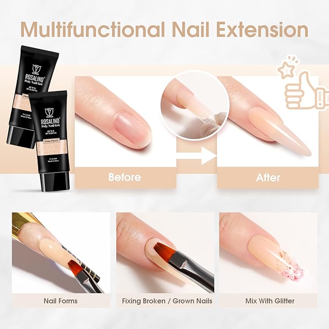 Nude Poly Nail Gel, ROSALIND 2.7 oz Nude Poly Extension Gel Builder, Nail Thickening Extension Easy to DIY Use Need UV Lamp