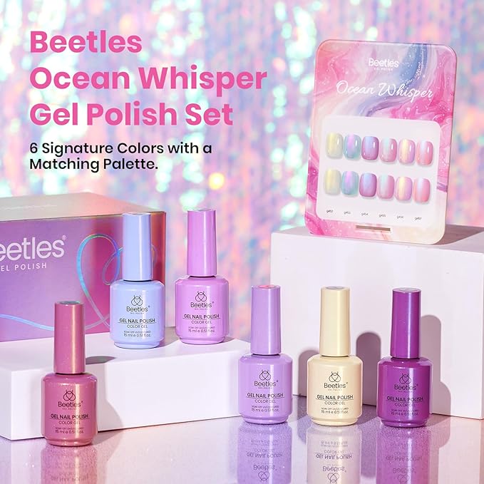 beetles Pearl Gel Polish Set - Ocean Whisper Collection, 15ml Shimmer White Pink Purple Mermaid Nail Swirl Shell Thread Polish Soak Off Uv Gel Polish Effect DIY Manicure Gift for Women