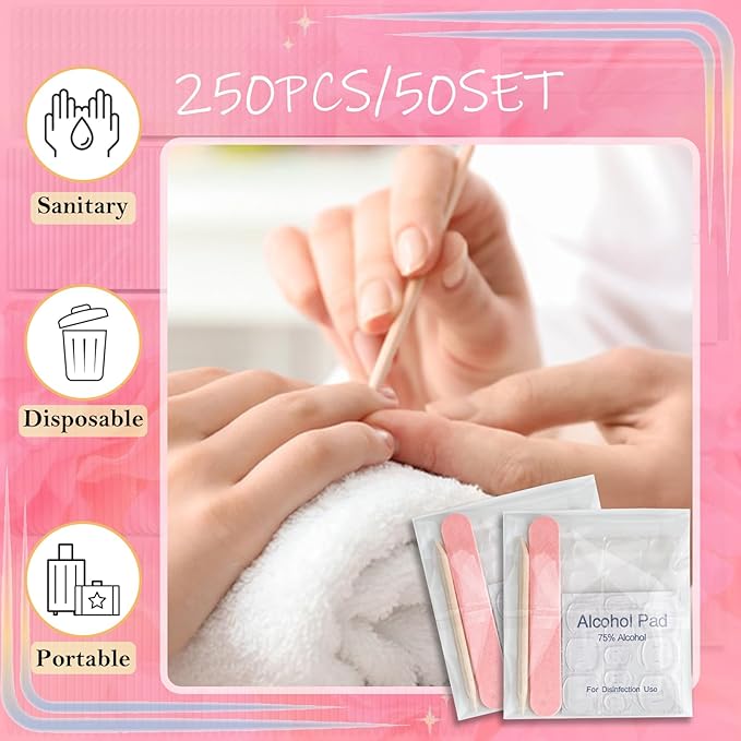 50 Set Disposable Press on Nail Tool Kit, Including 50pcs Nail File, 50pcs Adhesive Nail Tabs, 50pcs Prep Pad, 50pcs Wood Stick, 50pcs OPP Bag, Manicure Nail Prep Kit for Salon Home (50pcs-B-Pink)