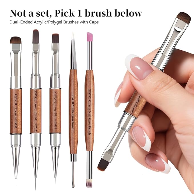 Dual Head Acrylic Nail Brush-French Tip & Square Round with Cleaning Brush for Builder Gel,Polygel & Design-Wood Handle & Metal Caps