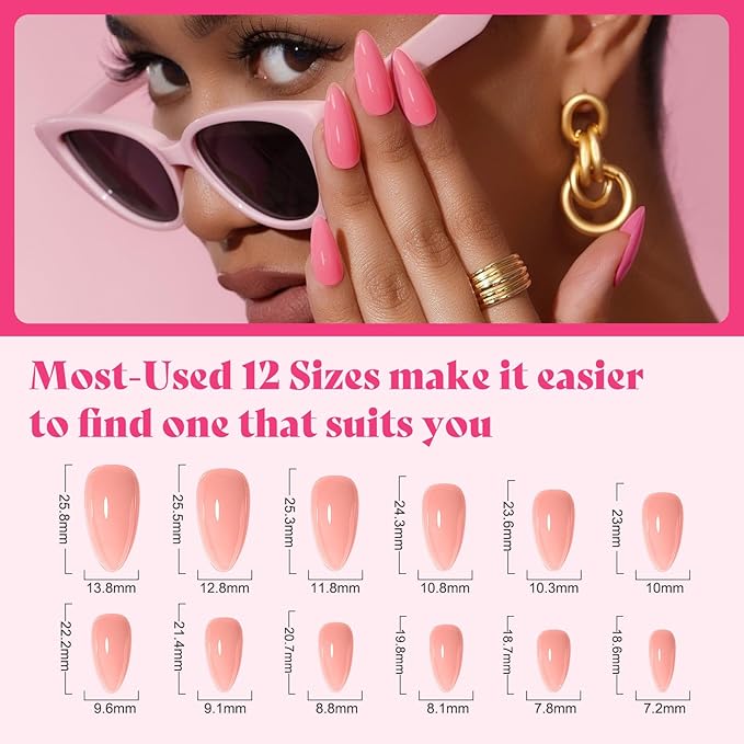 24 Colors Medium Almond Press on Nails Set, 576PCS Bulk Glossy False Nails with Tabs, 12 Sizes Full Cover Acrylic Fake Nails for Women, Long Lasting DIY Nail Art Kit