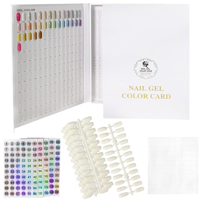 308 Colors Nail Color Chart Display Book with Number Labels, 360 Nail Tips and 312 Nail Glue Sheets, Nail Gel Polish Sample Display Card Booklet Nails Swatches Book