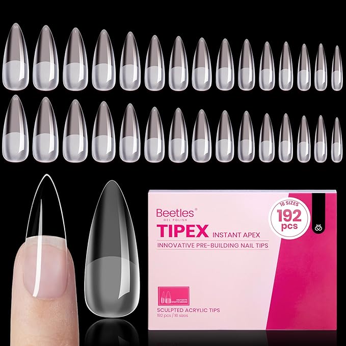 Beetles Tipex Instant Apex Nail Tips Medium Stiletto 16 Sizes 192 Pcs Pre-Etched Pre-Building Strong Thick Acrylic Tips