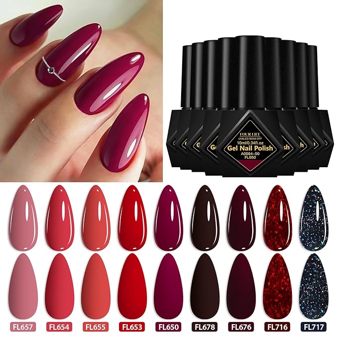 Red Series Gel Nail Polish Set 9 Colors Dark Burgundy Wine Red Colors Bloody Mary Collection Popular Shimmer Glitter Nail Gel Nail Art Design Manicure DIY Salon and Home