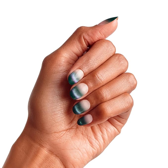 WICKED X KISS Press On Nails, ‘Don't Hide Your Magic’, Green, Short Oval, Waterproof, Chip Proof, Smudge Proof, 28 Fake Nails, Pink Gel Nail Glue (2g), Mini Nail File, & Manicure Stick