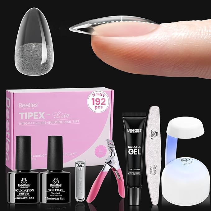 Beetles Tipex Lite Apex Nail Tips Kit, Almond Short, 192pcs 16 Sizes, with UV Nail Glue, Base & Top Coat, Mini Nail Lamp, Nail Clipper & Cuticle Nipper,Pre-Building Pre-Etched Acrylic Tips Kit