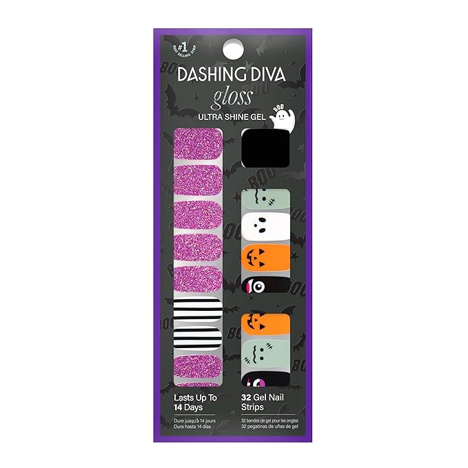 Dashing Diva Gloss Nail Strips - Monster League - UV Free, Chip Resistant, Long Lasting Gel Nail Stickers - 3-Piece Halloween Manicure Set - Contains 32 Wraps, 1 Prep Pad, 1 File