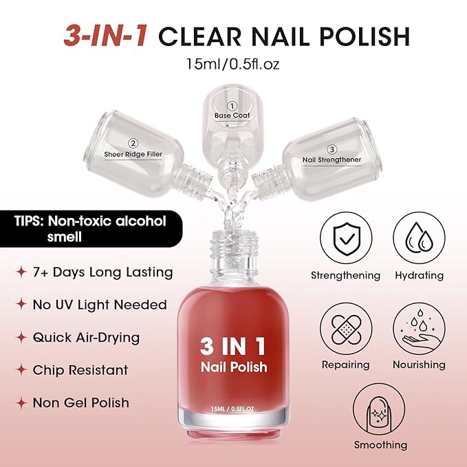 GELLEN Clear Nail Polish Ridge Filling Base Coat, Sheer Red Tint Ridge Filler For Nails, Fortify Nourish Condition Damaged Dry Finger Nails | Shea Butter, Vitamin E, Protein | Toxin HEMA & TPO Free