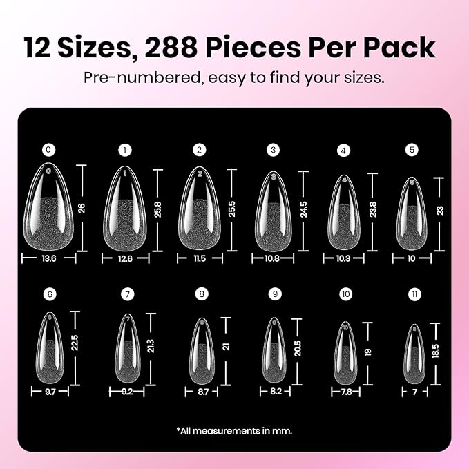 Beetles Gel Nail Kit Etch-X, Medium Almond, 288pcs 12 Sizes Nail tips, 3Pcs 15ml HEMA-Free Nail Glue Top Coat &Base Gel Set, for Acrylic and Clear Press On Nail, Long Lasting Extension DIY Set at Home