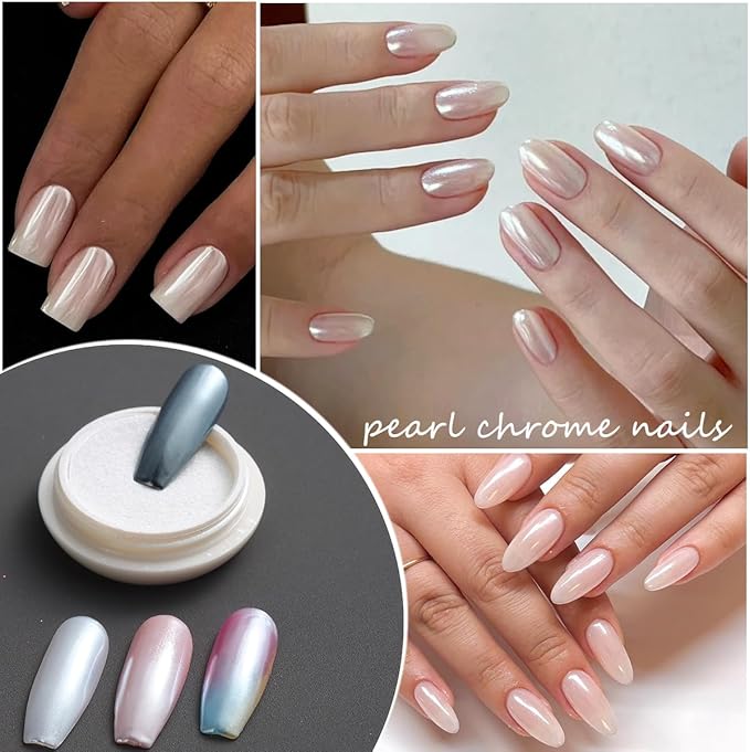 White Chrome Nail Powder - 6 Colors Pearl Chrome for Nails, Mirror Effect Metallic Rubbing Pigment Dust, Glazed Donut Nail Art Pearlescent Glitter Manicure Decor