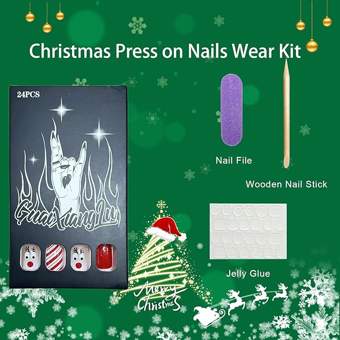 Christmas Press on Nails Short Square Fake Nails with Cute Elk Designs Red Glitter Xmas False Nail Winter Acrylic Stick on Nail for Women 24 Pcs