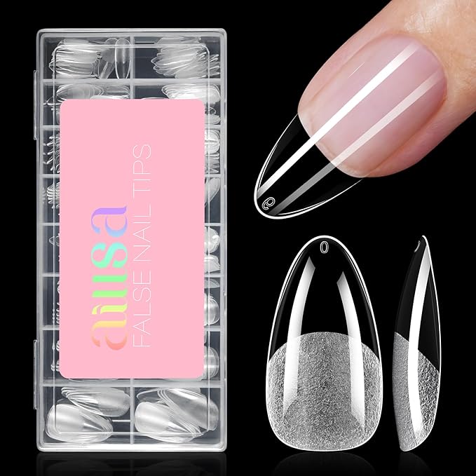 AILLSA Medium Almond Shaped Nail Tips - 15 Sizes 120pcs Acrylic Nails Tip Full Cover Half Matte Nails Tips Press on Nails for DIY Home Salon