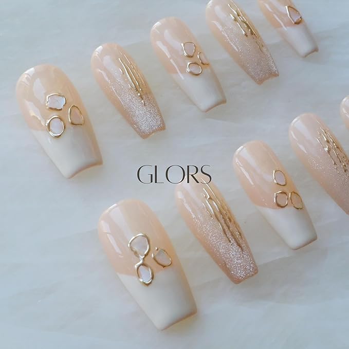 Handmade Press On Nails, Long Ballerina Shape, Pink and White Shell Design, 10 Pieces (Large,LB)