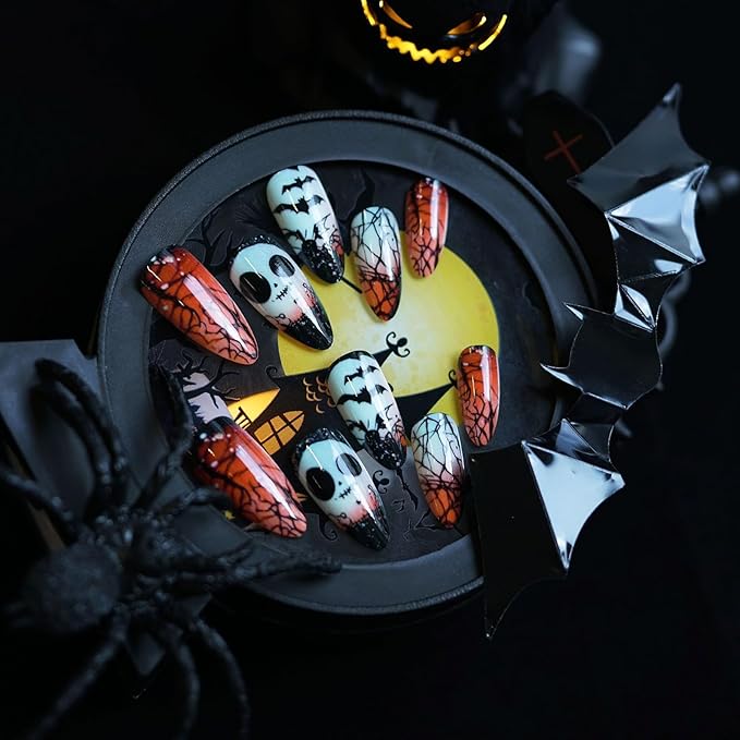 Halloween Glossy Press on Nails, Almond Fake Nails, False Nails with Bat Ghost Designs, Full Cover Acrylic Stick on Nails for Women Girls 24Pcs