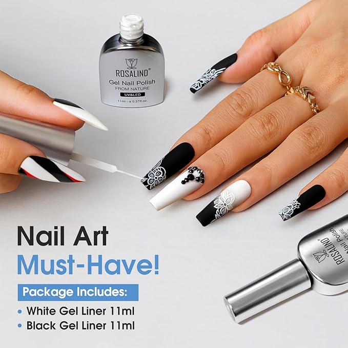 ROSALIND Gel Liner Polish Nail Art Set- 2pcs 11ml Black and White Gel Liner Nail Polish for French Tips Swirl Nails Built Thin Nails Art Brush UV Soak off Gifts for Women