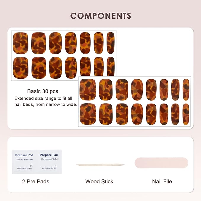 Semi Cured Gel Nail Strips – Real Gel Nail Polish Wraps for Brittle Nails | Waterproof Long Lasting Easy Peel-Off Removal | Hema-Free | Dark Brown Pattern Salon Kit with File & Stick