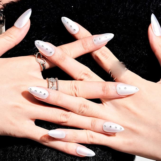 GLAMERMAID Nude White 3D Press on Nails Medium Almond, Rhinestone Handmade Jelly Gel Fake Nail Stiletto Kit, Ombre Glitter Magnetic Glue on Nail Short Oval, Normal Stick on False Nail Set for Women