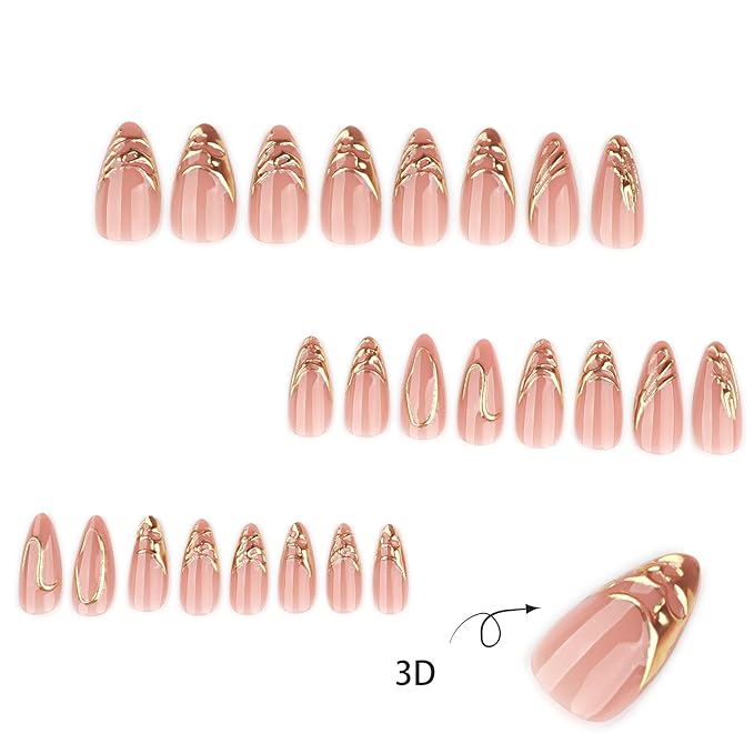 Press on Nails Almond - Medium Fake Nails with Gold Stripes Design - Golden Full Cover Stick on False Nails - for Women 24 Pcs