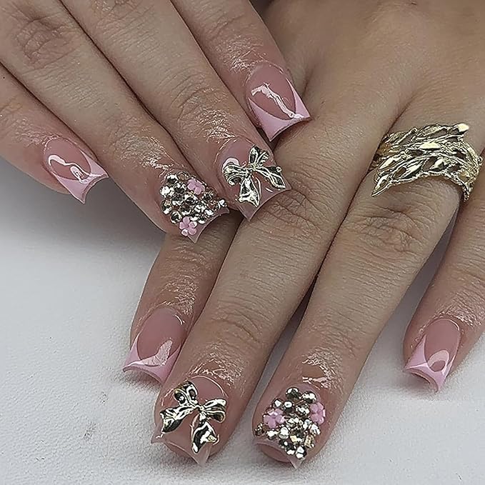 French Tip Press On Nails Short Square Pink Fake Nails False Nails with Designs Rhinestones Gold Bow Charms Flower Glossy Glue On Acrylic Nails 24 Pcs