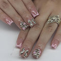 French Tip Press On Nails Short Square Pink Fake Nails False Nails with Designs Rhinestones Gold Bow Charms Flower Glossy Glue On Acrylic Nails 24 Pcs