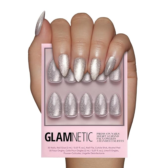 Glamnetic Press On Nails - Oslo Fake Nails | Short Almond Silver Shimmer Nails with a Cat Eye Finish | 15 Sizes - 30 Nail Kit with Glue