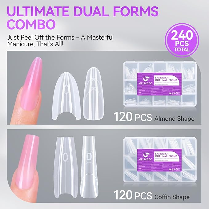 Gelike EC Dual Forms for Nail Extension: Almond ＆Coffin Sandwich Dual Forms Work with Builder Gel ＆ Polygel - 2 Shapes 240PCS 15 Sizes Reusable 100+ Times Clear Acrylic Molds Kit for Quick Manicure