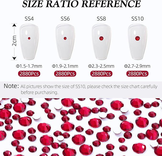 Siam Flatback Rhinestones, Glass Rhinestones for Nail Art and Craft, Glue Fix, Loose Crystal Gemstones(Siam, SS4, 2880pcs, 1.5-1.7mm)