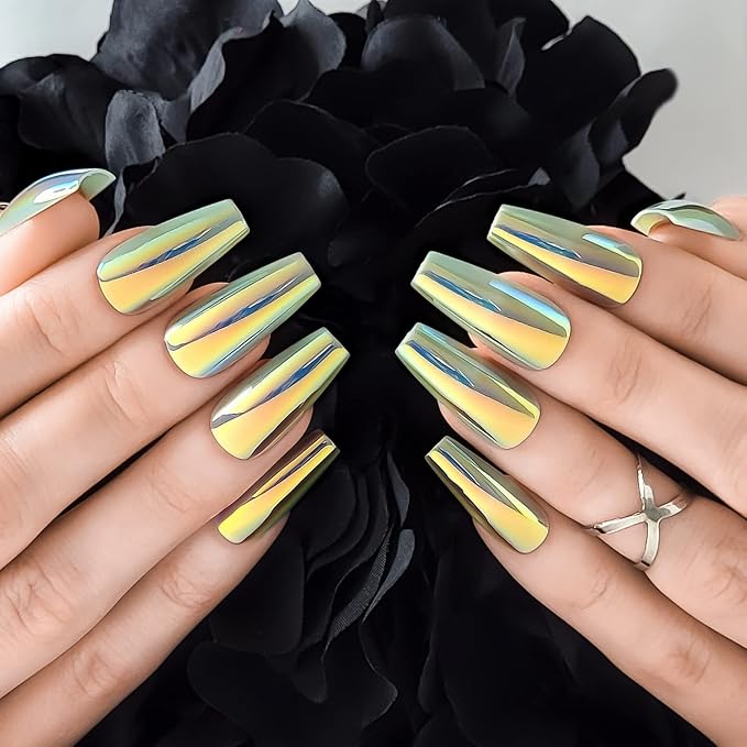 Hypnaughty 24 Pcs Chameleon Chrome Luxury Coffin Medium Long Press On Nails and Glue Reflective Mirror False Nails (Chameleon)