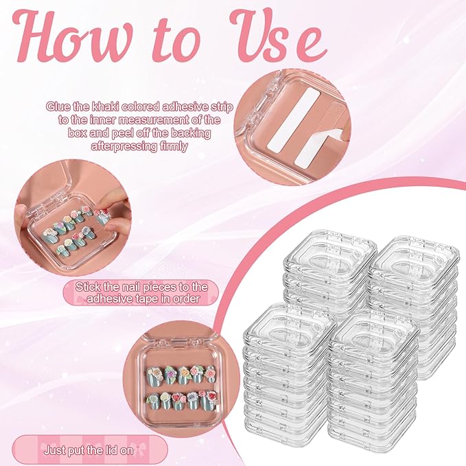 SHENLIU 50 Pack Press On Nail Packaging Box, 3 x 3 Clear Press on Nail Display Case, Acrylic Fake Nails Storage Box with 120 Adhesive Nail Tapes for Nail Display Nail Salon Supplies Nail Art Business