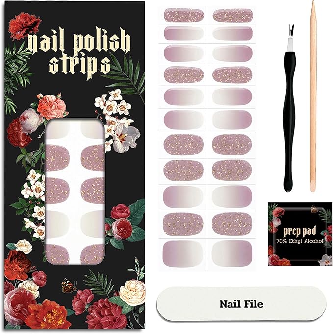 Nail Polish Strips (No UV Lamp Needed) - 22 Pcs Salon Quality Gel Nail Stickers - Long Lasting Wraps (Dancing Queen Eggplant Glitter)