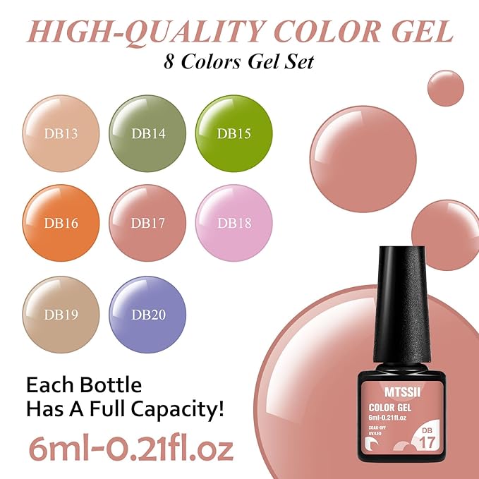 MTSSII Gel Nail Polish Set Fall Colors, 8 Colors Nude Green Earth Tone Pink Orange Blue Gel Polish Kit Soak Off LED French Nail Art Manicure Starter Salon DIY Nail Gift for Women